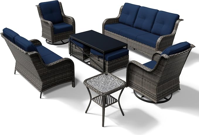Joyside 8 Piece Wicker Patio Furniture Set, Outdoor Swivel Rocker Patio Chairs with High Back, Deep Seating, Wide Armrest, Thickened Cushions, Outdoor Furniture for Deck, Porch Use