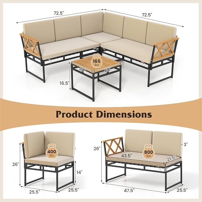 Tangkula L Shaped Outdoor Sectional Sofa Set, 4 Pieces Acacia Wood Patio Cushioned Conversation Set with Bungee Rope Seat,for Porch, Yard, Poolside (Off White)