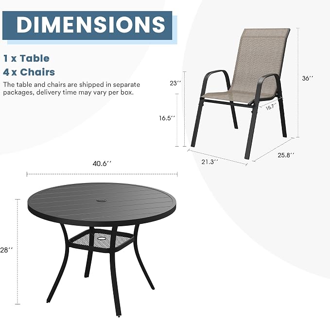 DIFY 5 Piece Outdoor Dining Set, 40" Black Round Metal Patio Table and Brown Textilene Stackable Chairs for 4, All Weather Patio Furniture Set with Umbrella Hole for Backyard Garden Deck