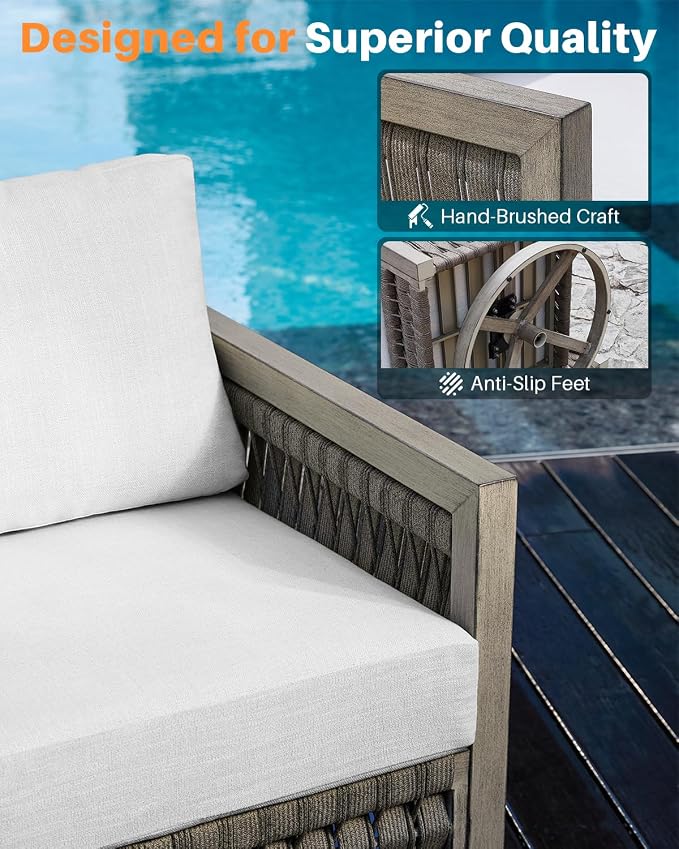 3 Pieces Patio Furniture Set, Outdoor Aluminum Swivel Patio Bistro Set with Washable Cushions, Rope Weave Patio Conversation Set, Outdoor Furniture Set for Garden, Porch, Deck, Pool, Gray Oak