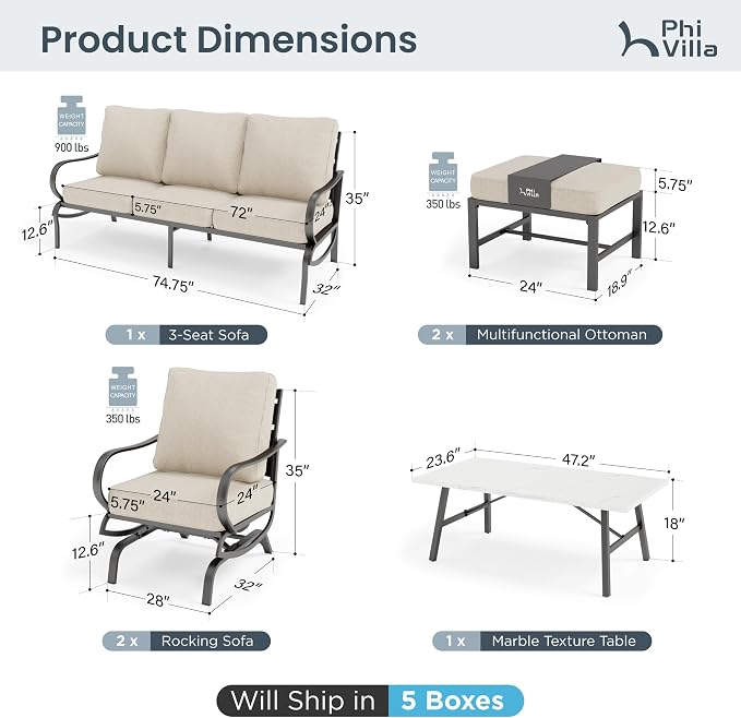 PHI VILLA 6 Piece Patio Furniture Sets with 1x 3-Seat Deep Seating Bench Sofa, 2 C-Base Sofa Chairs, 2 Metal Cushioned Ottoman and & 1 Coffee Table, Deluxe Outdoor Patio Set for 5-7 Person