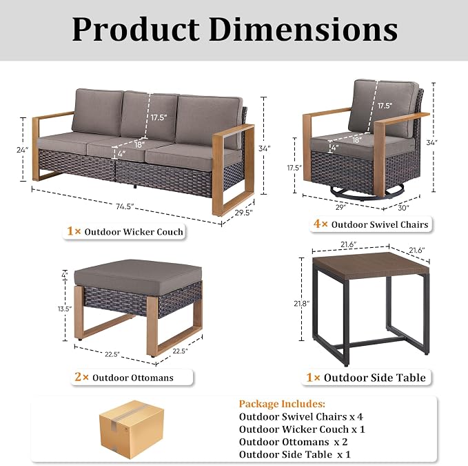 8-Piece Outdoor Patio Furniture Set with 4 Swivel Chairs, All-Weather Wicker Sofa Set for Garden, Yard, Porch and Poolside Seating Grey