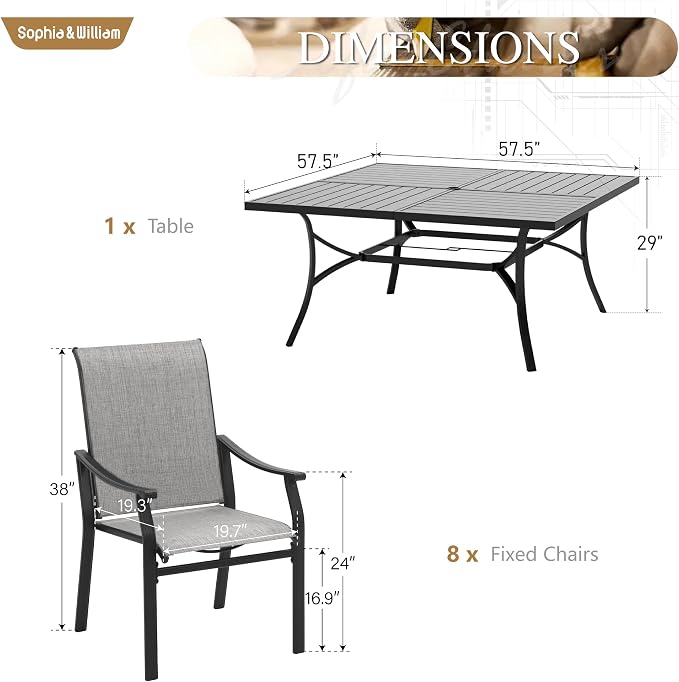 Sophia & William Patio Dining Set for 8, Square Metal Table & Sling Chairs | 9 piece, Weather-resistant, Durable, Breathable & quick-drying, Umbrella hole, Outdoor deck backyard