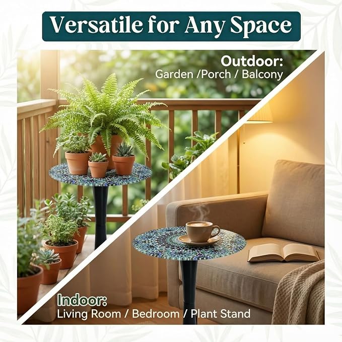 13.4" Outdoor Side Table, Round Patio Bistro Table Printed Tempered Glass Top, Waterproof Rust-Proof Base, Small Plant Stand for Balcony, Garden, Deck, 21.6" H (Blue Morocco)