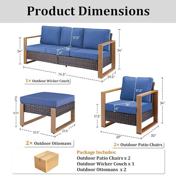5-Piece Outdoor Patio Furniture Set with Rattan Chairs, All-Weather Wicker Sofa Set for Garden, Yard, Porch and Poolside Seating Blue