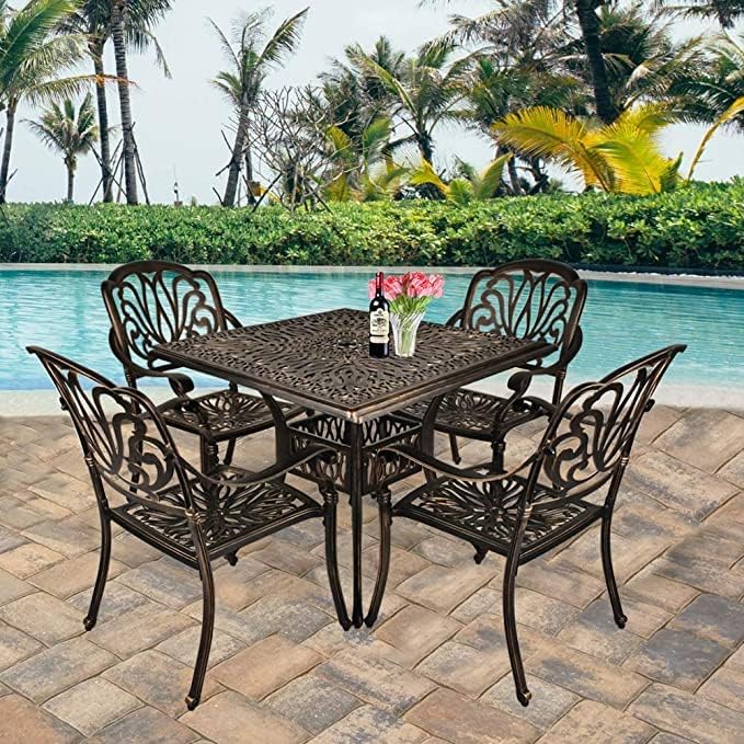 Grepatio 35.4" Square Cast Aluminum Dining Table, Compact Bistro Table with 2" Umbrella Hole Conversation Table, Antique Bronze