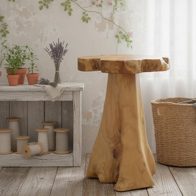 Teak Wood Stump Side Table 14"x15"x19" H Solid Natural Wood Live Edge Tree Stump Plant Stand Rustic Handmade Coffee End Table for Living Room Bedroom Outdoor Garden