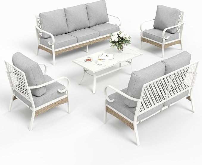 SUNSHINE VALLEY 6 Piece Metal Outdoor Patio Furniture Set, Patio Conversation Set with 1 3-Seater Couch, 2 Fixed Sofa with 5.75" Thick Cushion and Coffee Table, White and Gray Backyard Furniture