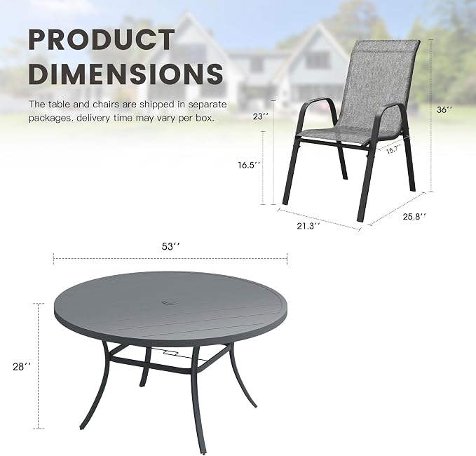 9 Pieces Outdoor Dining Set, 53" Round Table with Umbrella Hole & Stackable Patio Dining Chairs, Patio Table and Chairs Set for Deck Garden Porch, Grey Chairs & Dark Grey Table