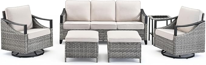 6 Piece Outdoor Patio Furniture Sets-High Back Wicker Swivel Rocker Patio Chairs Set of 2 with Thick Cushions Ottomans, Outdoor Sofa, Patio Conversation Sets for Porch Balcony Patio Deck Grey/Beige