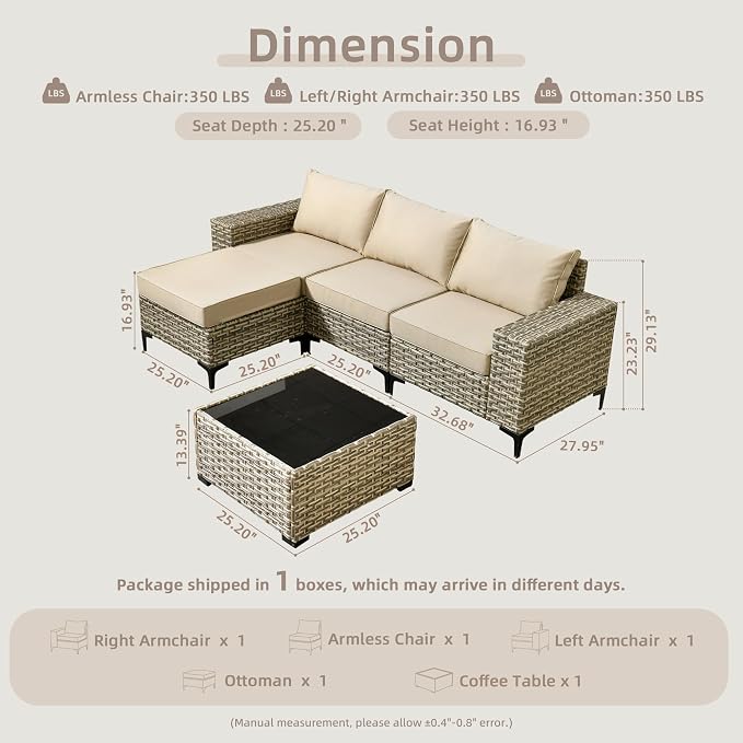 Outdoor Sectional Patio Furniture Set,5 Pieces Wicker Conversation Sets L Shaped Couch,Extra Deep Out Door Sofa Outside Furniture,Beige