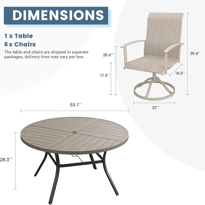 DIFY 7 Pieces Outdoor Dining Set, Metal Patio Table and Chairs Set for 6 with Umbrella Hole, 53.1" Grey Wood-Like Round Table and Sandshell Textilene Swivel Patio Chairs for Garden, Backyard, Poolside