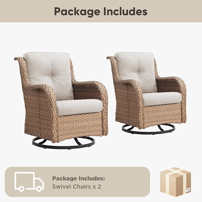 Belord Outdoor Swivel Chairs Set of 2,Patio Wicker Rocker Chairs,All Weather Patio Conversation Furniture Set, Ideal for Porch Balcony Deck Yard, Yellow Wicker/Beige