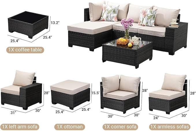 All Weather Outdoor Wicker Sectional Sofa Beige Rattan Conversation Seating with Tempered Glass Table Ottoman 5 Piece Patio Furniture Set for Porch Garden Backyard