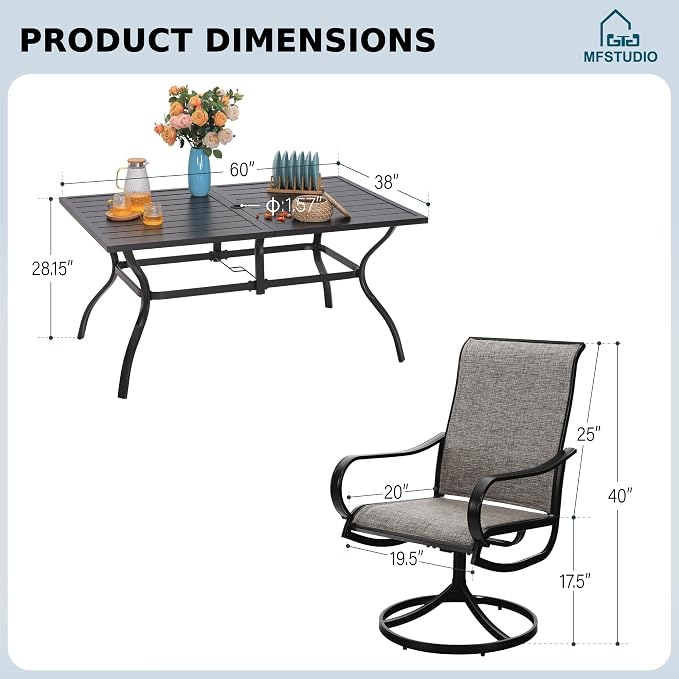 MFSTUDIO Patio Table and Chairs Set of 6, Outdoor Dining Set for 6 with Umbrella Hole, Outdoor Patio Furniture Set for Deck, Backyard, Poolside & Garden