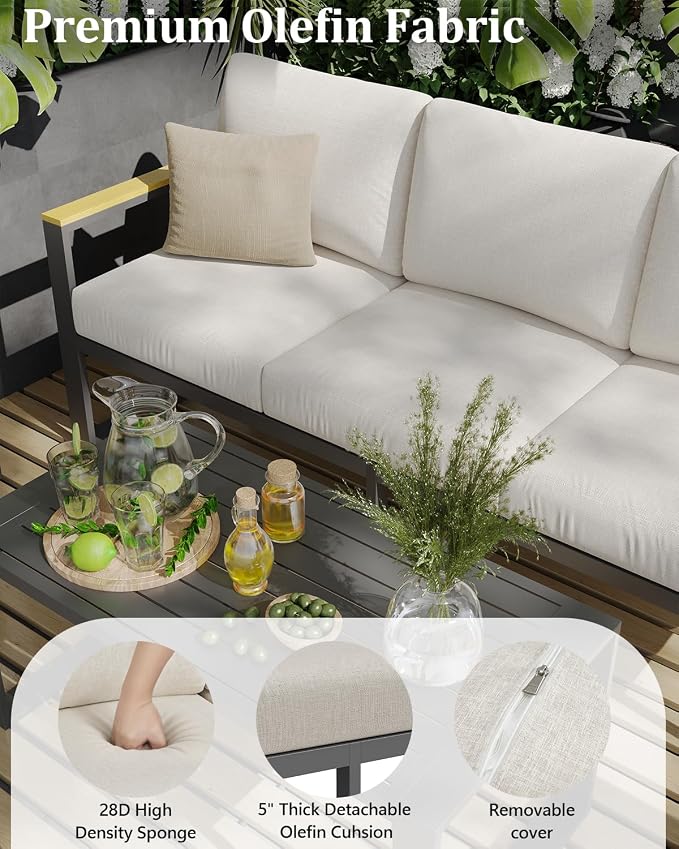 Garvee Aluminum Outdoor Patio Furniture Set with Coffee Table | 5 Piece Patio Conversation Sets with Washable Thick Cushions, Outdoor Sectional Furniture Set for Porch, Balcony, Deck, Yard,