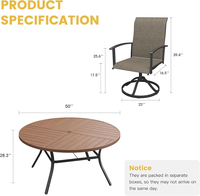 VICLLAX Outdoor Table and Chairs Set of 6, Metal Patio Dining Set-50.1" Round Dining Table and 6 Swivel Chairs for Deck, Lawn and Garden, Walnut Table and Mixed Brown Chairs