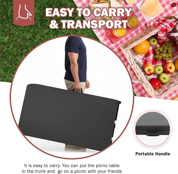 8FT Folding Table, Heavy Duty Foldable Dining Table, Portable Plastic Picnic Table with Handle, Indoor Outdoor Camping Table, Fold-in-Half Rectangular Banquet Party Table – Black