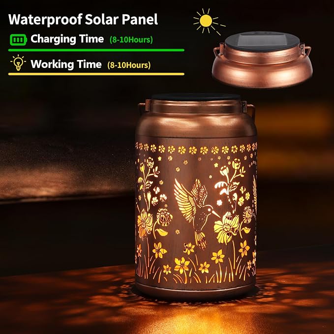 Solar Lanterns Outdoor Waterproof Hummingbird Garden Decor Gifts for Women Mom Grandma Hanging Solar Lights Metal Solar Decoration Outside for Yard, Patio, Backyard, Porch | Hanging Solar Lights Gifts for Mom Grandma Metal Solar Decoration Outside for ...