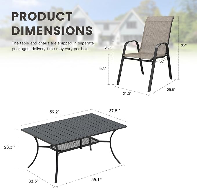 7 Pieces Outdoor Dining Set, 59.2" Rectangular Table with Umbrella Hole & Stackable Patio Dining Chairs, Patio Table and Chairs Set for Deck Garden Porch, Brown Chairs & Black Table