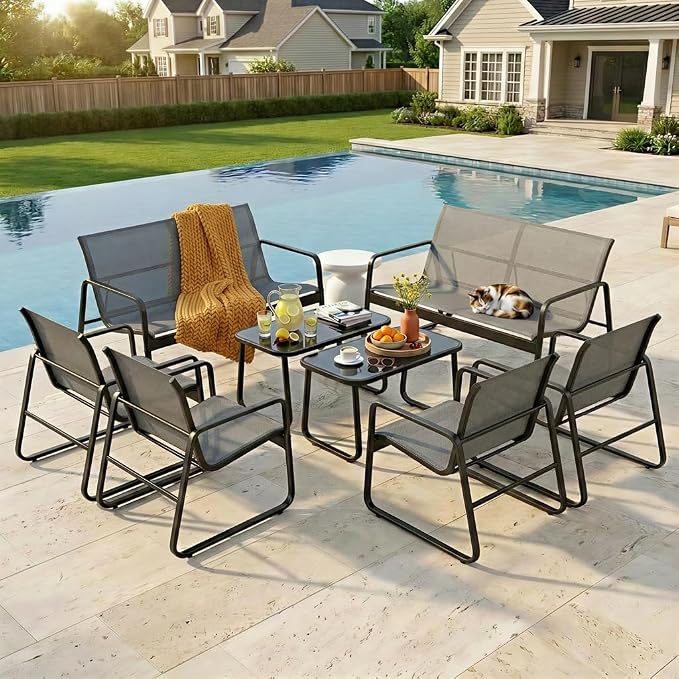 Gizoon 8 PCS Outdoor Patio Conversation Set, All Weather Metal Teslin Fabric, Patio Furniture Set with 2 Loveseat Benches, 4 Arm Chairs & 2 Glass Coffee Tables, for Backyard, Pool, Porch, Garden, Grey