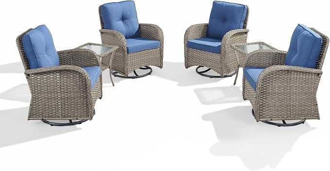 Outdoor Swivel Glider Rocker Chairs Set of 4 - Wicker Patio Furniture Set All Weather Patio Conversatio Sets with 2 Tempered Glass Side Table for Deck Backyard - Grey Wicker Blue Cushion