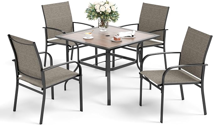 SUNSHINE VALLEY 5 Piece Patio Dining Set for 4, 37”x37” Square Table (PVC Wood-Like Table Top) with 1.57" Umbrella Hole, 4 Metal Brown Chairs, Outdoor Table and Chairs Set for Lawn Backyard and Deck