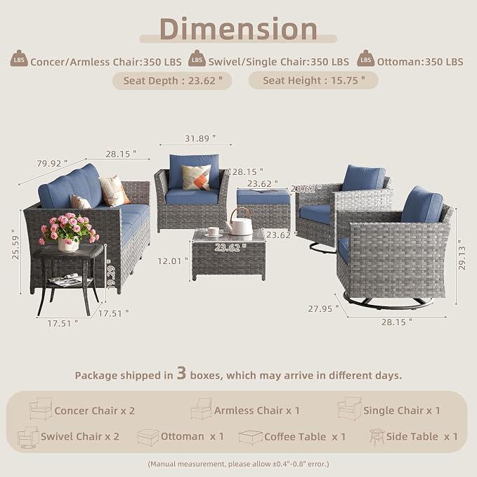CAODOC Fully Assembled & Spacious 9-Pc Outdoor Sofa Set, Patio Rattan Conversation Group with Rocking Chair and Tea Table