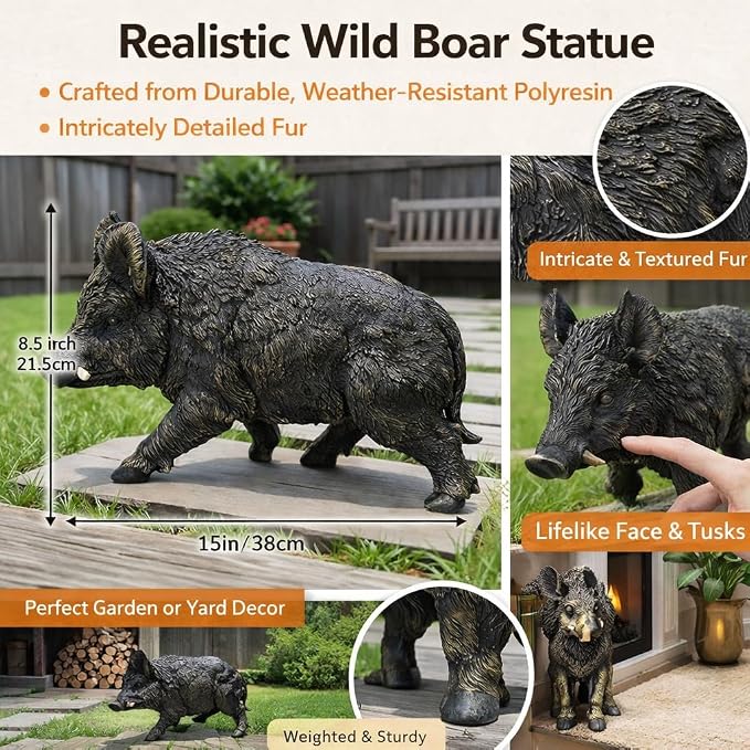 Rustic Wild Boar Garden Statue, Black, 21.26 Inch Resin | Animal Sculpture, Textured Fur & Prominent Tusks, Outdoor Ornament, For Lawn, Patio & Woodland Landscape