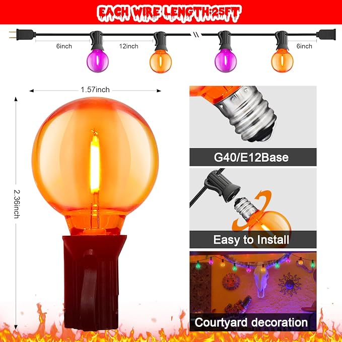 25FT G40 LED Outdoor Halloween String Lights, Orange and Purple Halloween Decorations Lights with 27 Shatterproof Globe Bulbs(2 Spare), Hanging Patio Lights for Holiday Balcony Backyard Party Garden