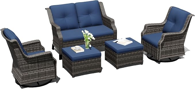 Outdoor Patio Furniture Set, 5 Piece Wicker Patio Furniture with Thick Cushions, Curved Armrest, Deep Seating, Outdoor Swivel Rocker Chairs for Porch, Deck, Balcony