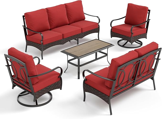 PHI VILLA Outdoor Modern Patio Furniture Set, Upgraded Wicker & Metal Patio Conversation Set with Waterproof Thick Cushions for Porch, Poolside, Yard (5 Pieces,Red)