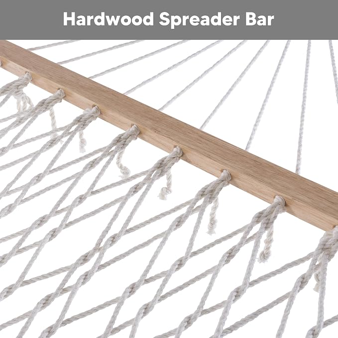 SUNCREAT 2 Person Hammock with Hardwood Spreader Bar, Outdoor Rope Hammock with Polyester Pad, 475 lbs Capacity, Beige