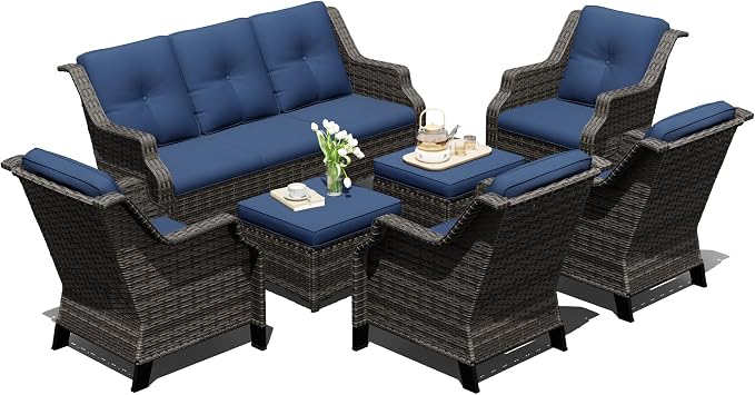 Outdoor Patio Furniture Set, 7 Piece Wicker Patio Furniture with Thick Cushions, Curved Armrest, Deep Seating, Rattan Outdoor Chairs for Porch, Deck, Balcony