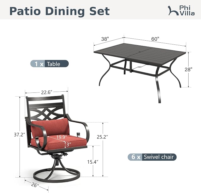 PHI VILLA Patio Dining Set, Swivel Chairs, Metal Table | Metal chairs, Red Cushion, Umbrella Hole, Cushions, E-coated
