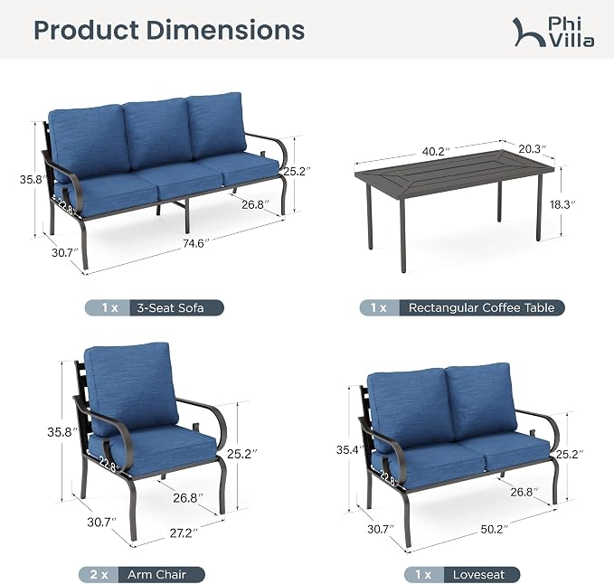 PHI VILLA Patio Furniture Set, 1 Loveseat, 3-Seater Sofa, 2 Fixed Chairs and 1 Coffee Table, Outdoor Metal Conversation Set with 5.75" Extra Thick Cushion for Garden Backyard Deck, Navy