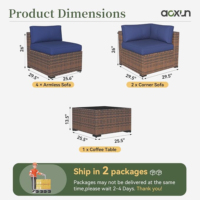 Aoxun 7 Piece Patio Furniture Set Wicker Rattan Patio Conversation Set Outdoor Sectional Sofa Set with Coffee Table and Thickened Cushions, Blue