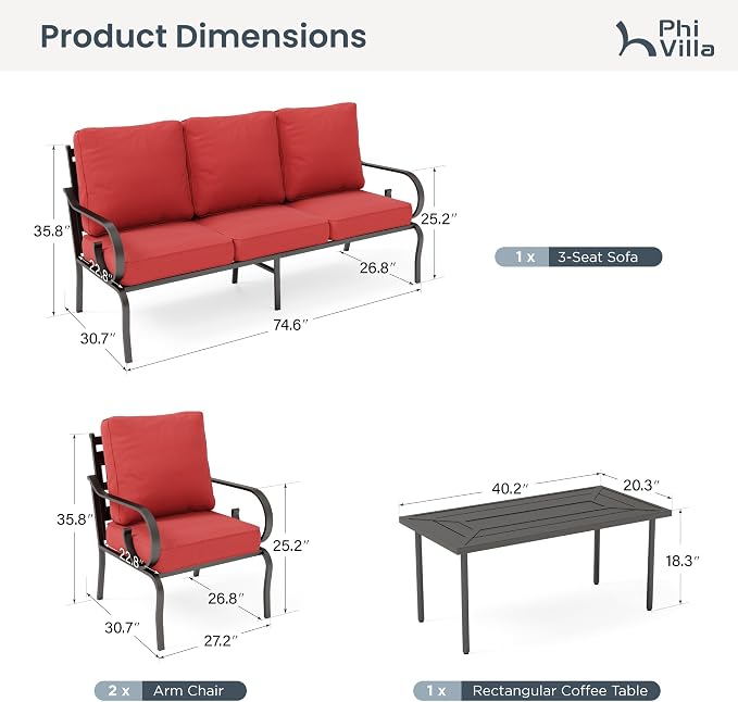 PHI VILLA Patio Furniture Set, 3-Seater Sofa, 2 Fixed Chairs, and a Coffee Table, Outdoor Metal Conversation Set with 5.75" Extra Thick Cushion for Garden Backyard Deck, Red