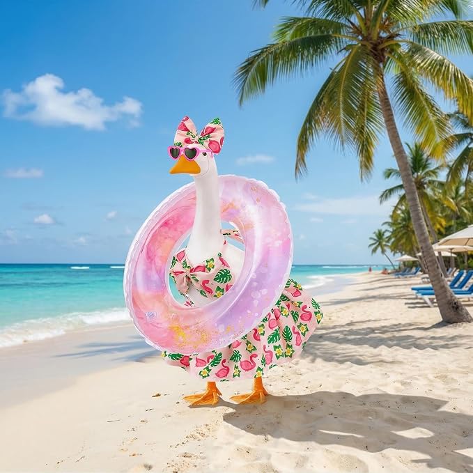 Bikini Porch Goose Outfits Fits 23" Goose Statue Summer Porch Goose Outfit with Sunglasses and Swim Ring Hawaiian Porch Goose Clothes Costume for Outdoor Garden Lawn Yard Decor(Flamingos)