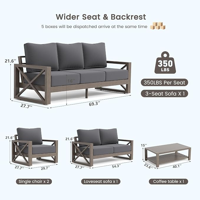 UDPATIO Aluminum Patio Furniture Set, Faux Wood Grain Modern Outdoor Furniture, 6" Cushions Metal Patio Conversation Sofa with Coffee Table for Poolside Deck, 8 PCS, Dark Grey(Include 600D Covers)