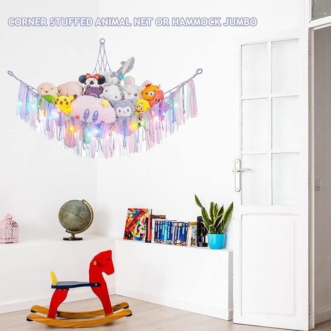 Macrame Stuffed Animal Hammock with LED Lights - Purple Hanging Corner Storage Net for Bedroom Plushie Organization