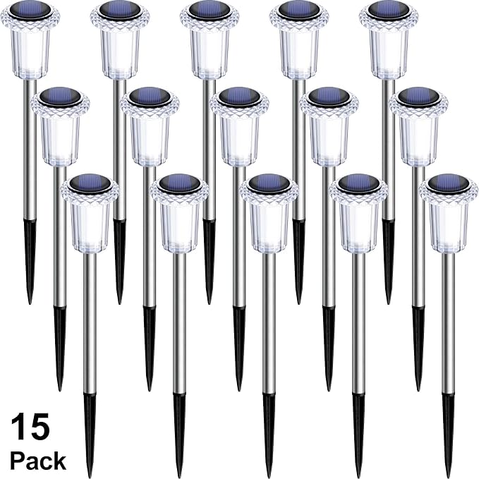 DenicMic Solar Pathway Lights Outdoor Waterproof Cold White LED 15 Pack | Yard Garden Driveway Walkway Landscape Path Lights, Starburst Pattern, Acrylic Diamond-like Lampshade Stainless Steel Pole
