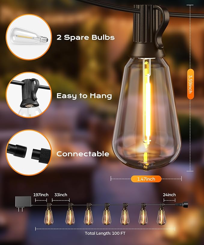 Outdoor String Lights, 100 FT Patio Lights for Outside | Smart App & Remote Control with Timer, Dimmable with 4 Scene Modes, Warm White Waterproof LED Bulbs for Garden, Yard Decor