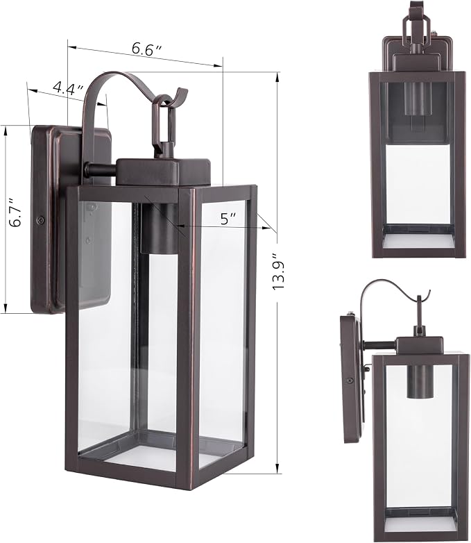 YN-WL009 Outdoor Wall Sconce with Dusk to Dawn Photocell Sensor, Traditional One Light Porch Light, Weather Resistant, Stainless Metal Housing, Clear Glass, Oil Rubbed Bronze, 2-Pack