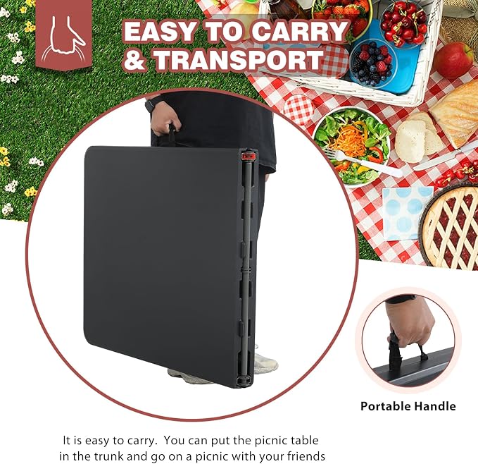 6FT Folding Table, Fold-in-Half Portable Plastic Table with Handle, Heavy Duty HDPE, 500 lbs Capacity, Waterproof & Scratch-Resistant, Locking Legs, Anti-Slip Feet for Indoor Outdoor Party Picnic