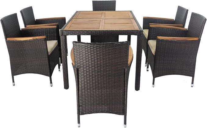 7 Piece Outdoor Patio Furniture Dining Set, Rattan Conversation Set with Acacia Wood Table Top, Widened Armrests and 6 Soft Cushion Chairs for Backyard, Garden