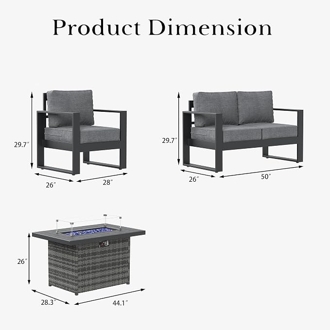 LayinSun 4 Pieces Aluminum Outdoor Patio Furniture Set, Metal Modern Conversation Sofa Set with Fire Pit Table and Washable Thick Cushions for Porch, Backyard, Deck