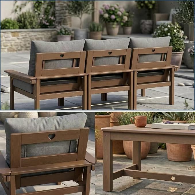 HDPE 4 Piece Patio Furniture Set, All-Weather Outdoor Couch with Thick Cushions & Coffee Table, Patio Conversation Sets for Lawn, Garden, Porch, Balcony, Deck, Poolside,Teak Frame Grey Cushion