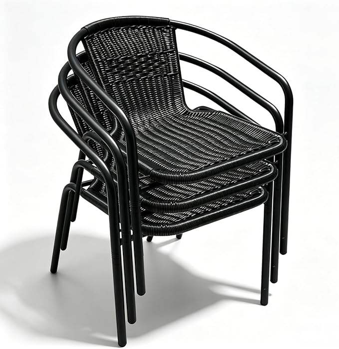 5 Piece Patio Dining Set with Black Outdoor Metal Table & 4 Hand-Woven PE Rattan Stackable Chairs for Backyard Garden Poolside, Black Chairs