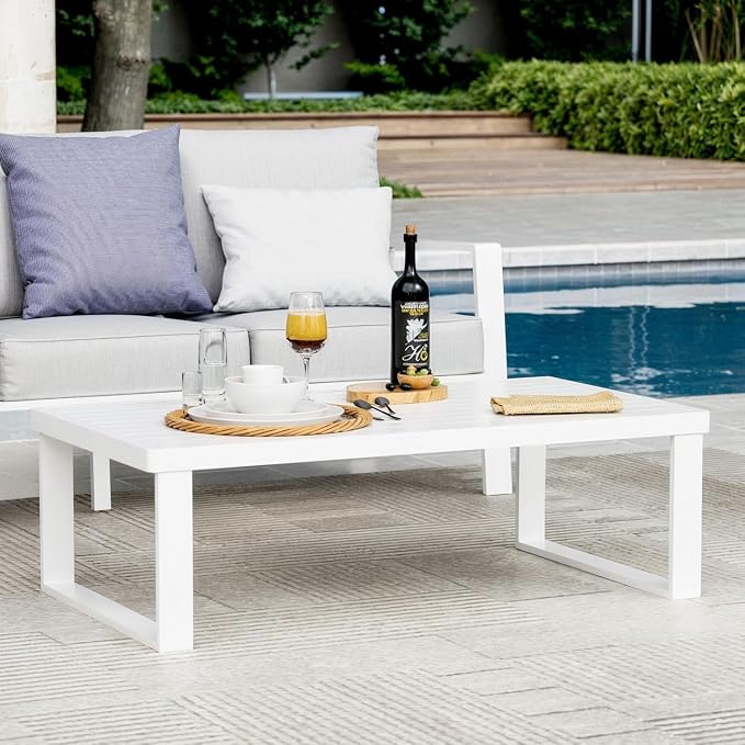 Aluminum Outdoor Patio Coffee Table for Deck and Poolside(White, All-Aluminum)